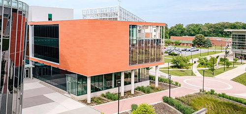 Image of Bowe State University Brick Building Architecture with lots of glass, modern.